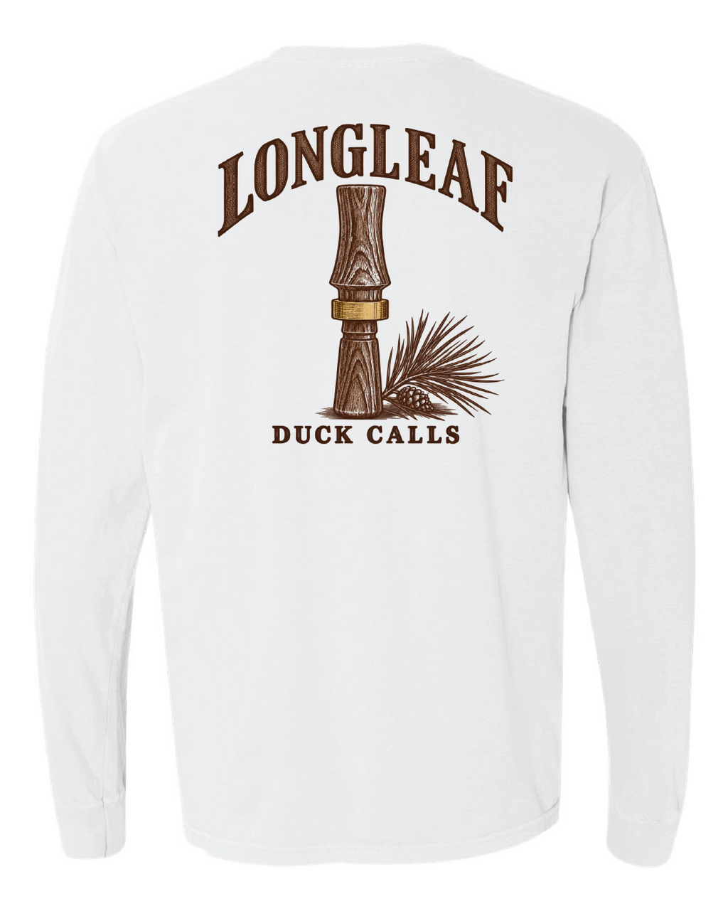 White Longleaf Duck Call LS Tee, back view